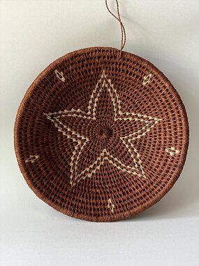 Vintage African Coiled Basket Wall Hanging Star Pattern Handmade 10"